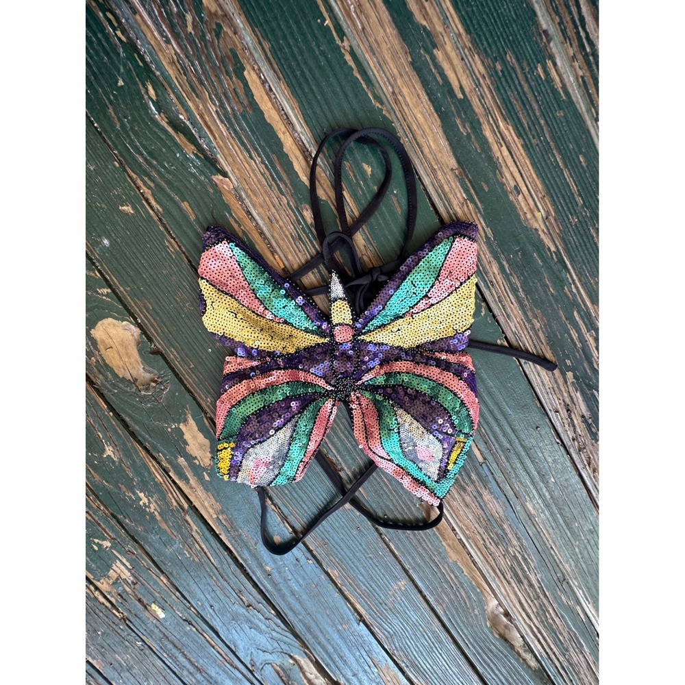 Multi Color Sequin Butterfly Crop Top Rainbow Beaded Festival Rave Tie Back